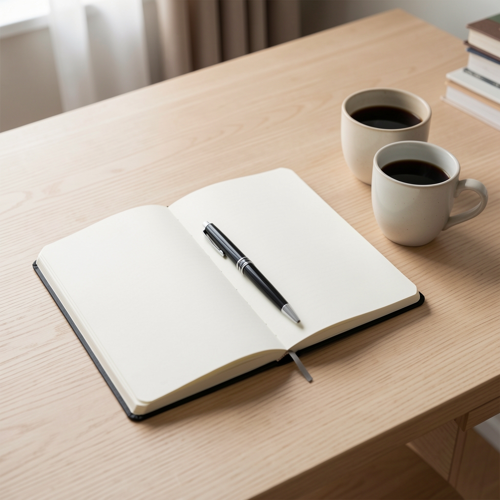 A writing desk with an open notebook, a pen, and a small cup of coffee arranged on a light wooden surface, editorial minimal composition in soft natural light