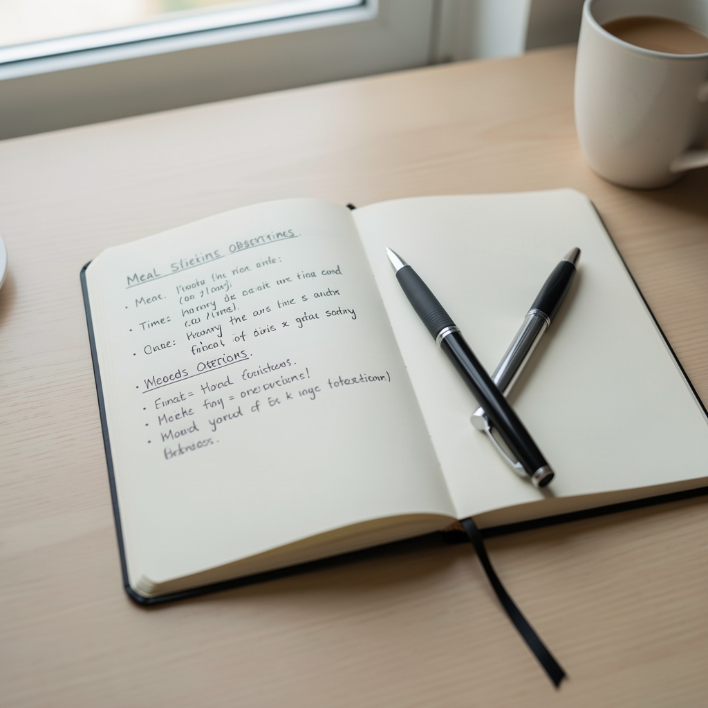 Notebook open on a table with handwritten meal times and observations, a pen resting across the page, minimal desk surface, soft natural light