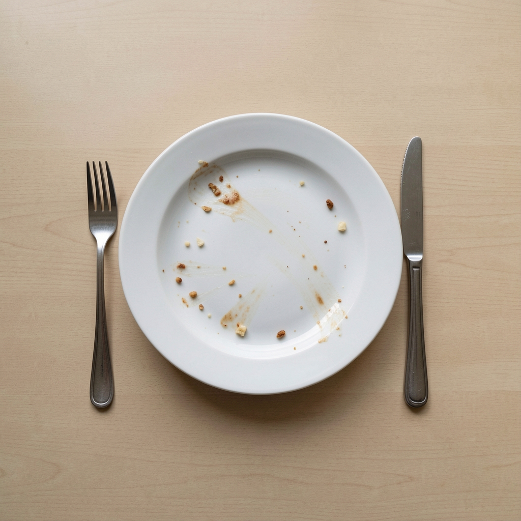 A simple meal on a plain desk surface photographed from overhead, a fork resting beside an unfinished plate, natural window light, editorial still life composition