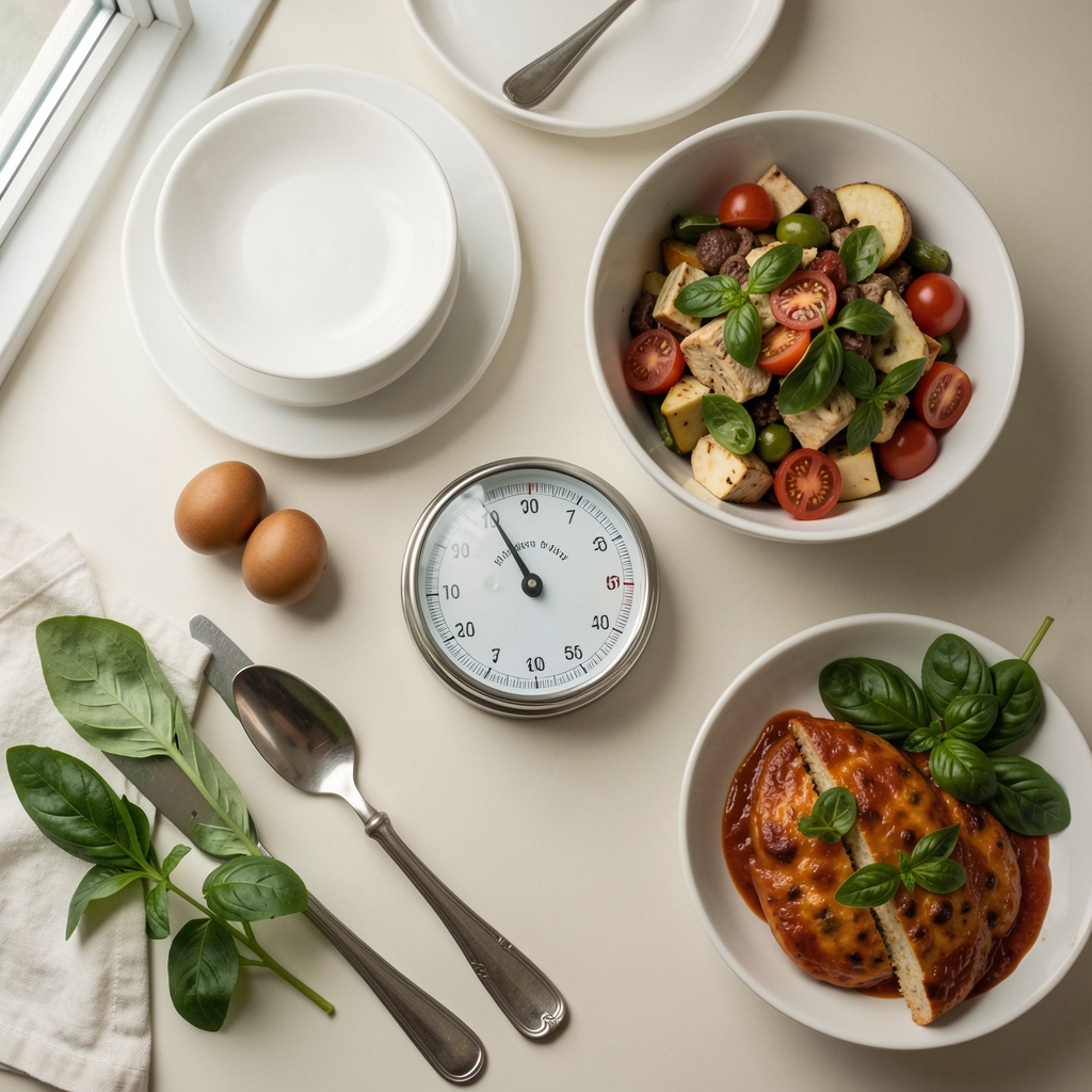 Kitchen timer next to meal ingredients arranged on a pale surface, top-down editorial composition, simple tableware, soft natural light from a nearby window