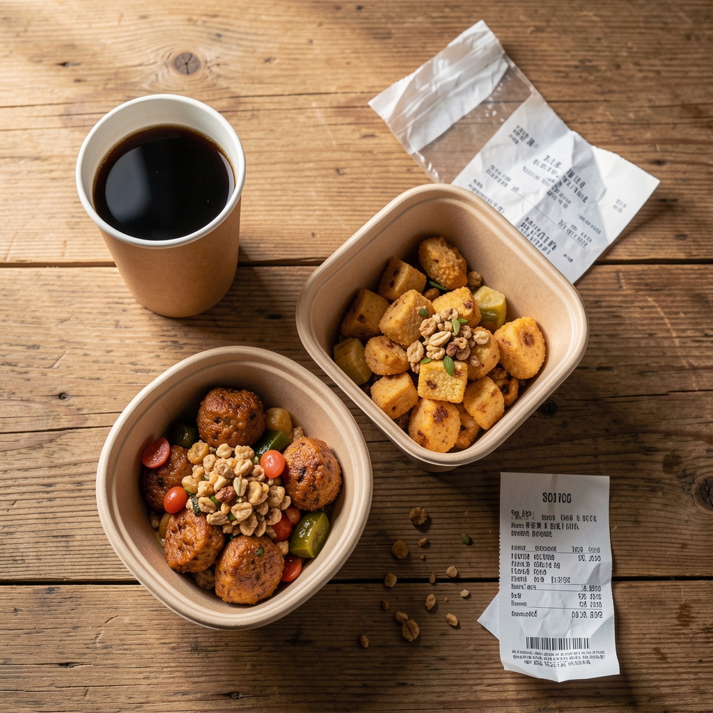 Takeaway food containers arranged on a wooden table surface photographed from above, coffee cup beside them, a crumpled receipt nearby, natural daylight