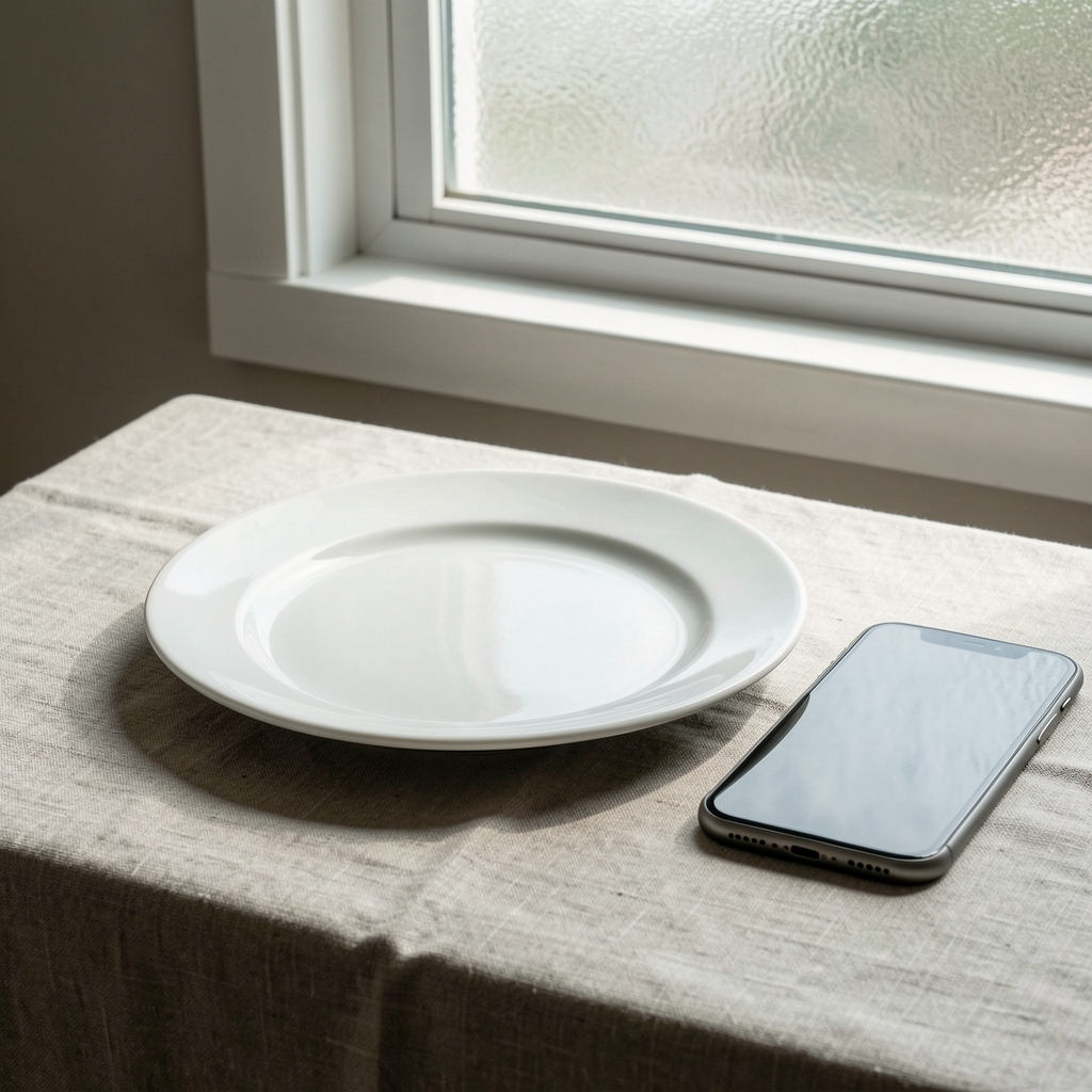 Empty plate on a neutral linen tablecloth, a phone face-down beside it, natural afternoon light through a frosted window, minimal editorial still life