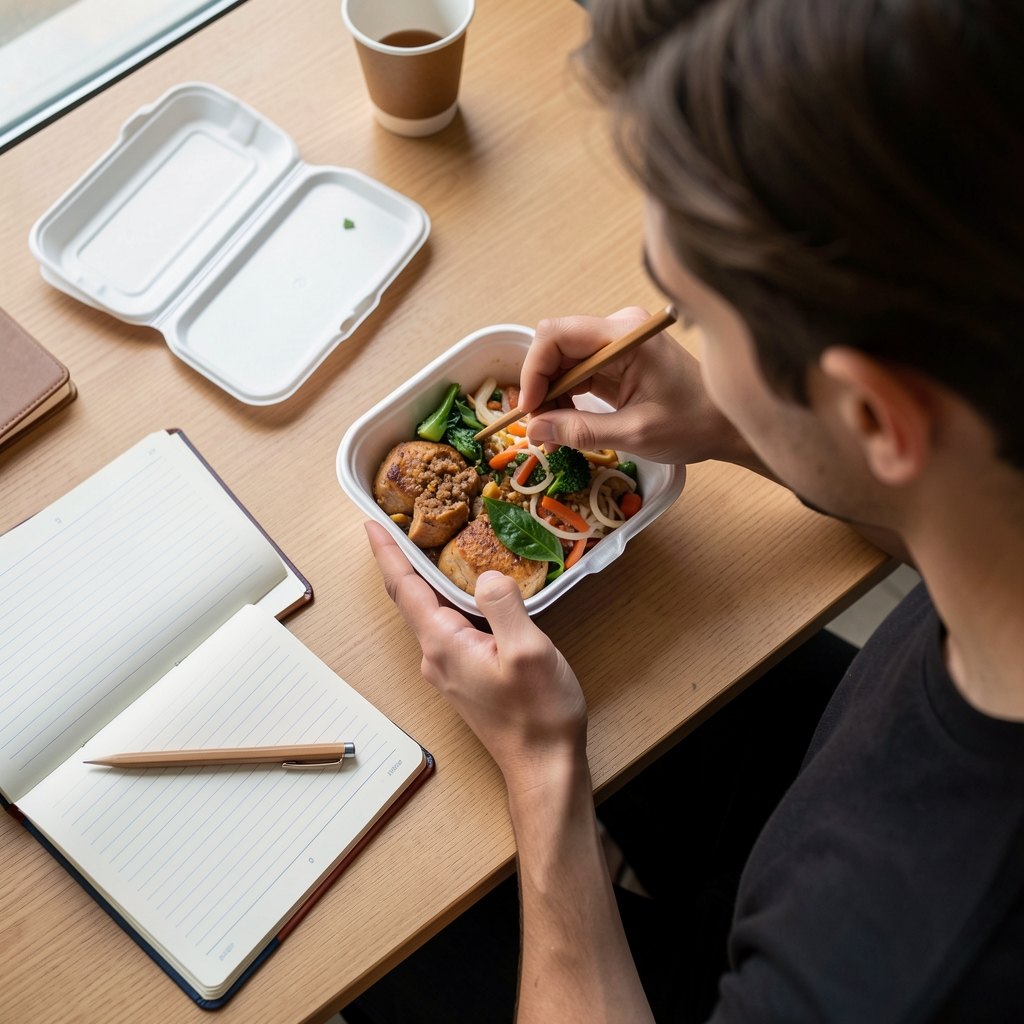 A person sitting at a desk eating a takeaway container while looking at a phone screen, overhead serving showing food, hands, and a scattered notebook