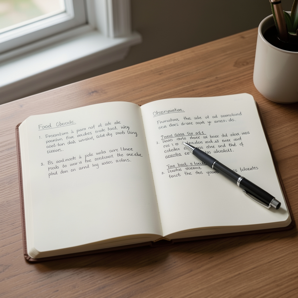 Stack of food observation notebooks and printed research papers arranged on a pale linen surface, editorial overhead composition with natural light